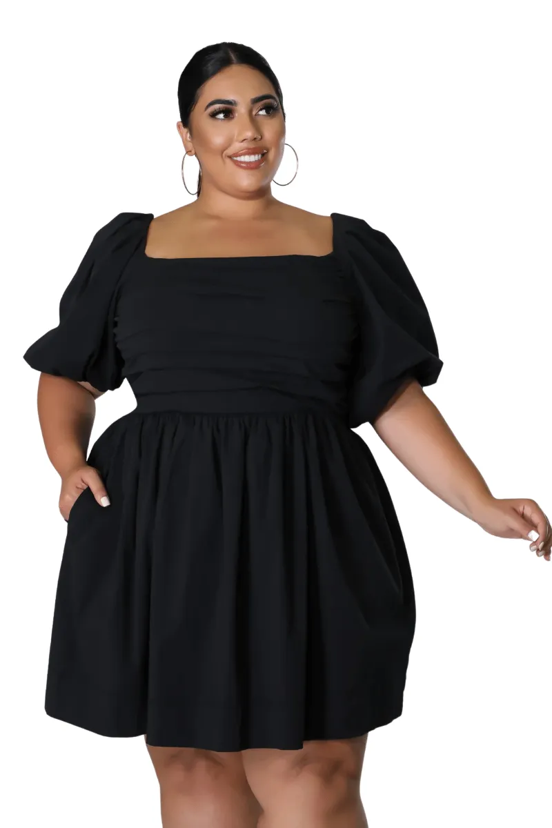 Final Sale Plus Size Half Crown Sleeve Sheering Front Ruffle Mini Dress in Black