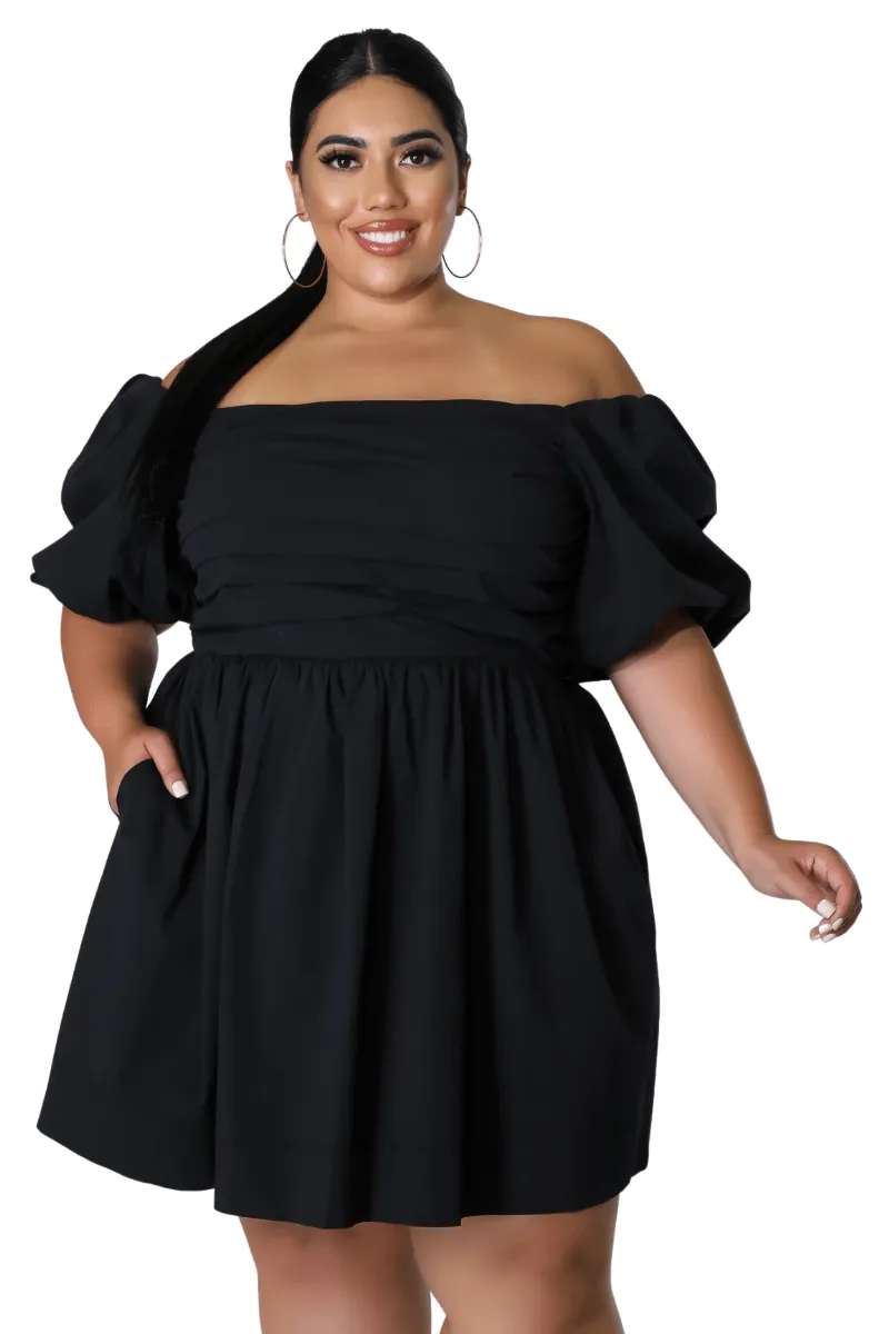 Final Sale Plus Size Half Crown Sleeve Sheering Front Ruffle Mini Dress in Black