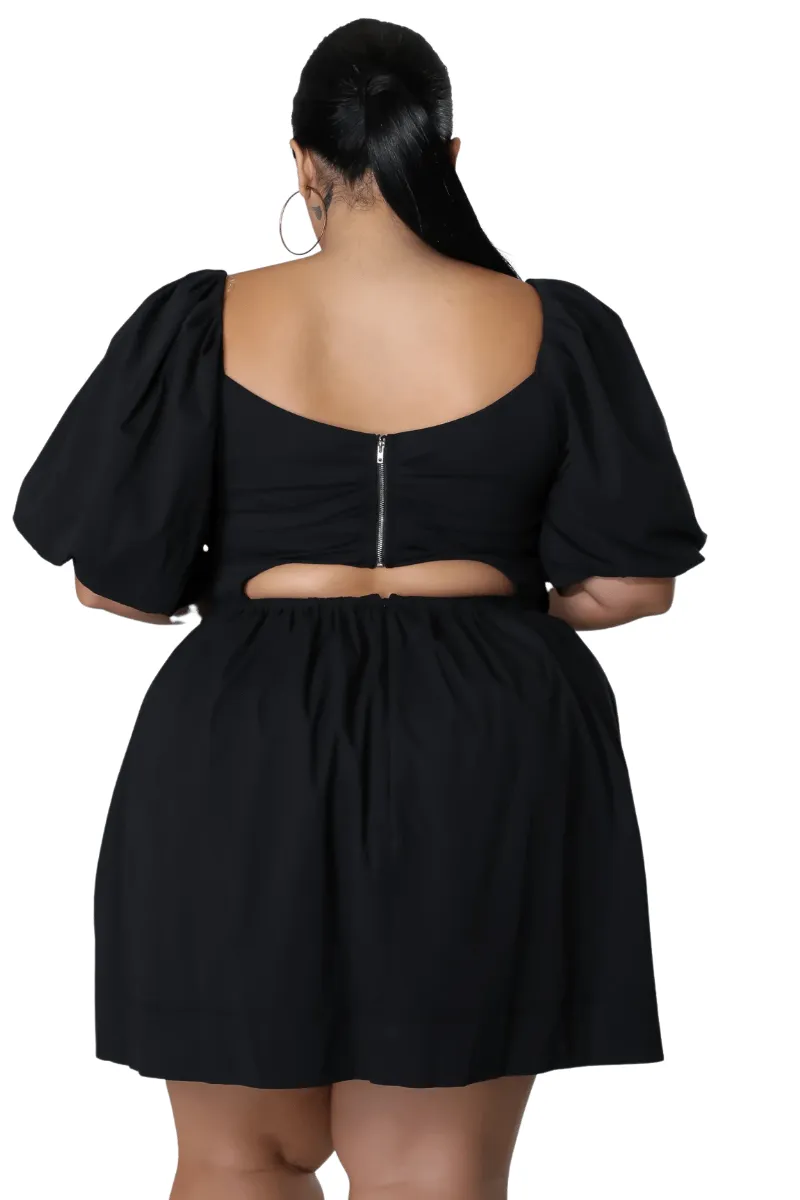 Final Sale Plus Size Half Crown Sleeve Sheering Front Ruffle Mini Dress in Black