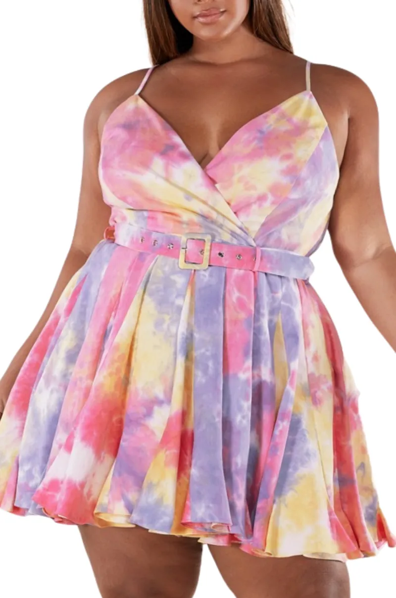 Final Sale Plus Size Spaghetti Strap Babydoll Dress in Pink, Yellow, & Purple Tie Dye