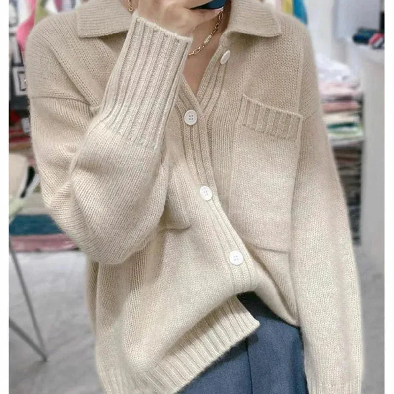 Flytonn-European station POLO neck pocket cashmere cardigan autumn/winter lazy sweater loose knit sweater thick wool coat