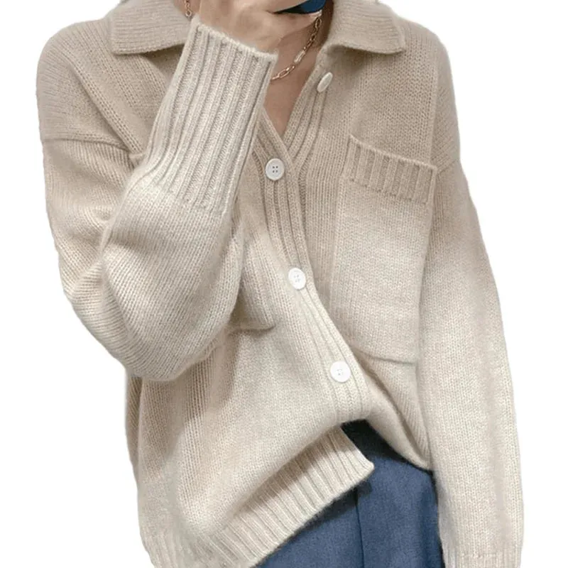 Flytonn-European station POLO neck pocket cashmere cardigan autumn/winter lazy sweater loose knit sweater thick wool coat