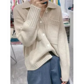 Flytonn-European station POLO neck pocket cashmere cardigan autumn/winter lazy sweater loose knit sweater thick wool coat