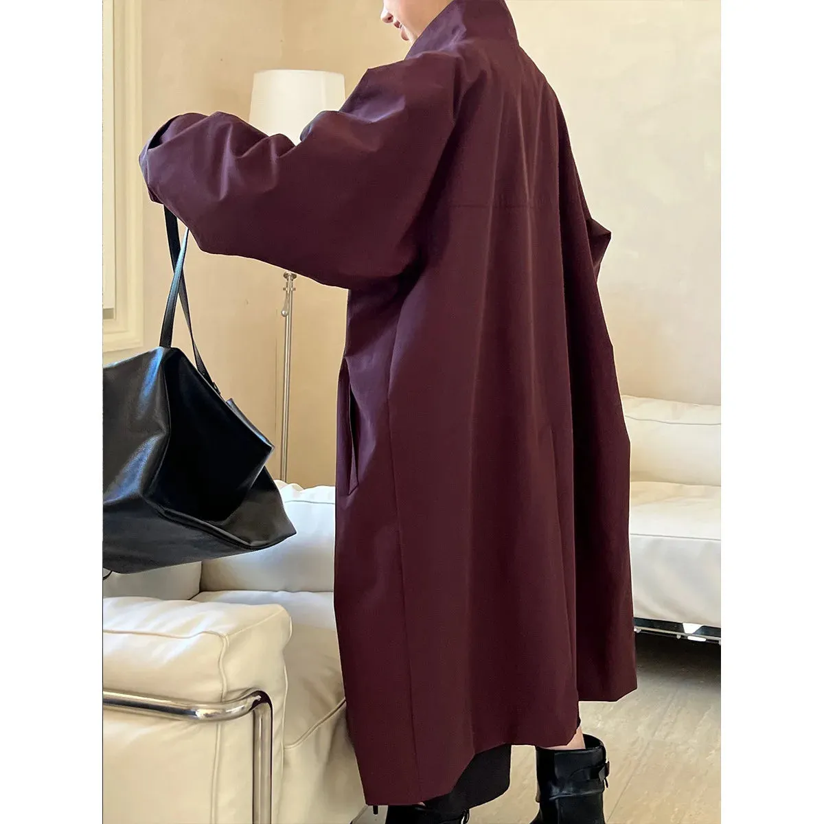 Flytonn-Fall Outfits Women 2024 Autumn/winter Women Long Slouchy Purple Trench Coat  Stand Up Collar Straightening Loose Long Windbreaker