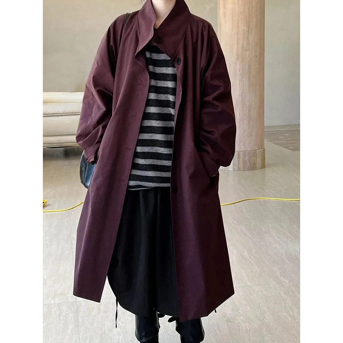 Flytonn-Fall Outfits Women 2024 Autumn/winter Women Long Slouchy Purple Trench Coat  Stand Up Collar Straightening Loose Long Windbreaker