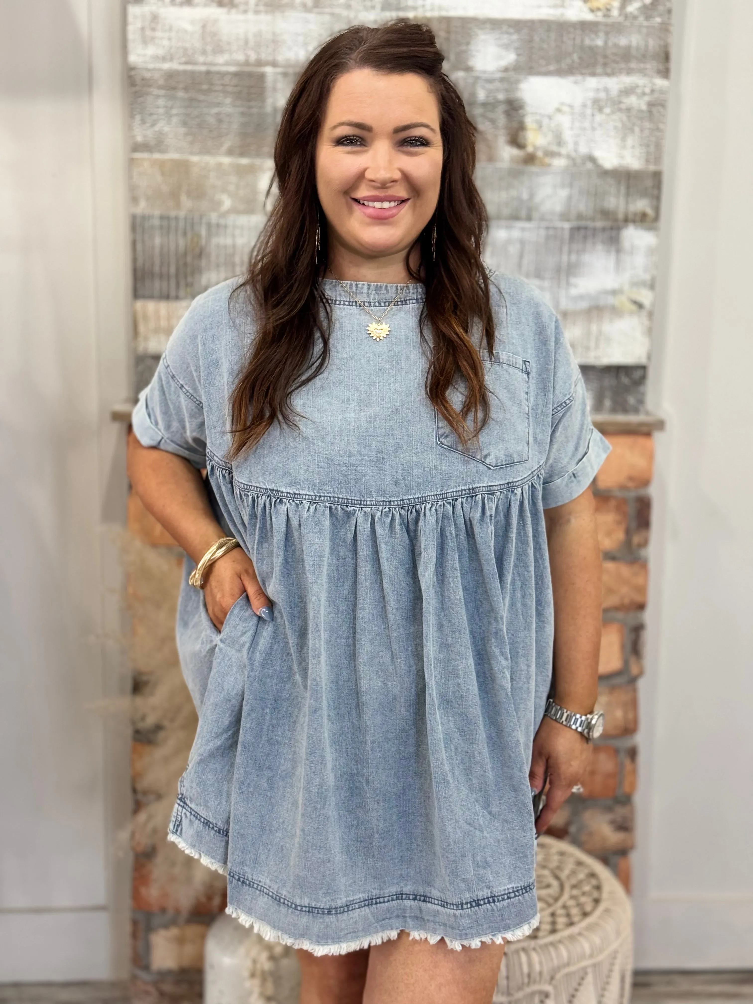 Frayed Hem Denim Babydoll Dress