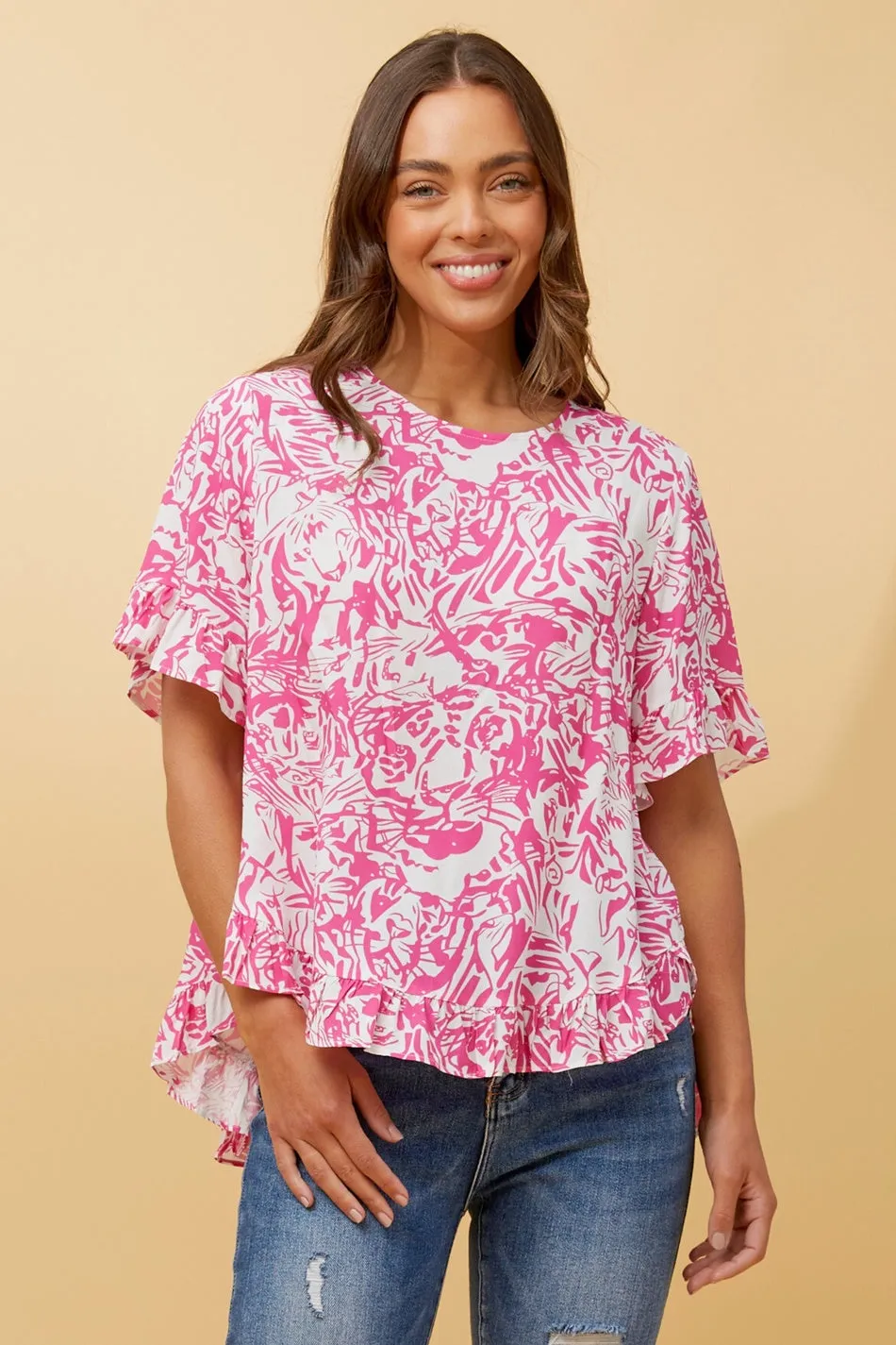 FRILA ABSTRACT PRINT FRILL DETAIL TOP