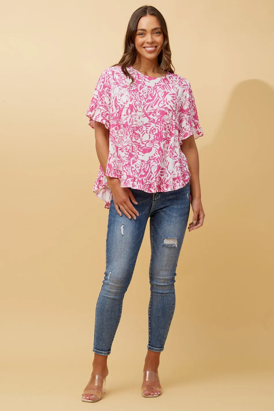 FRILA ABSTRACT PRINT FRILL DETAIL TOP