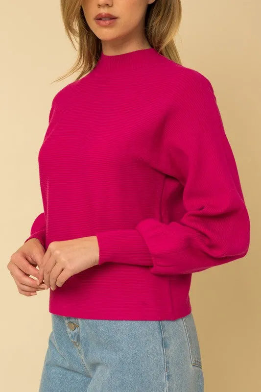 Fuchsia Turtleneck Long Puff Sleeve Knit Sweater