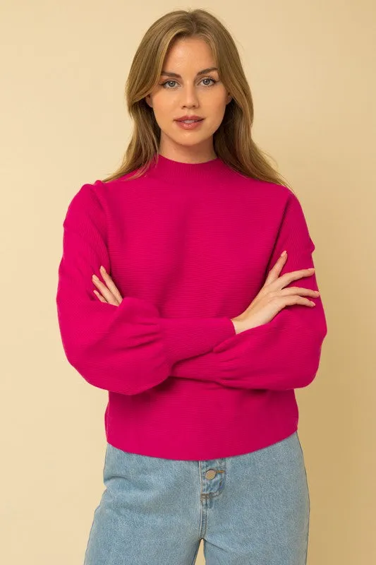 Fuchsia Turtleneck Long Puff Sleeve Knit Sweater