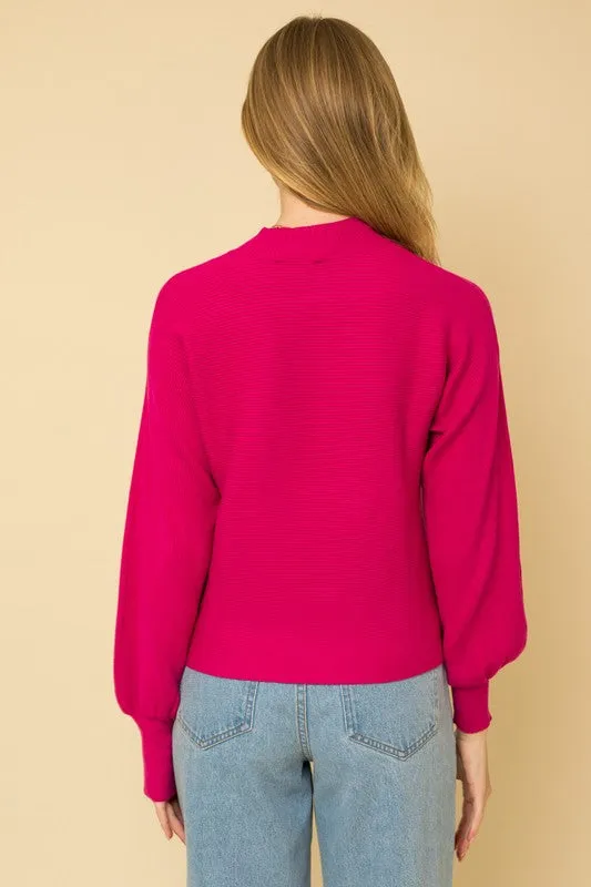 Fuchsia Turtleneck Long Puff Sleeve Knit Sweater