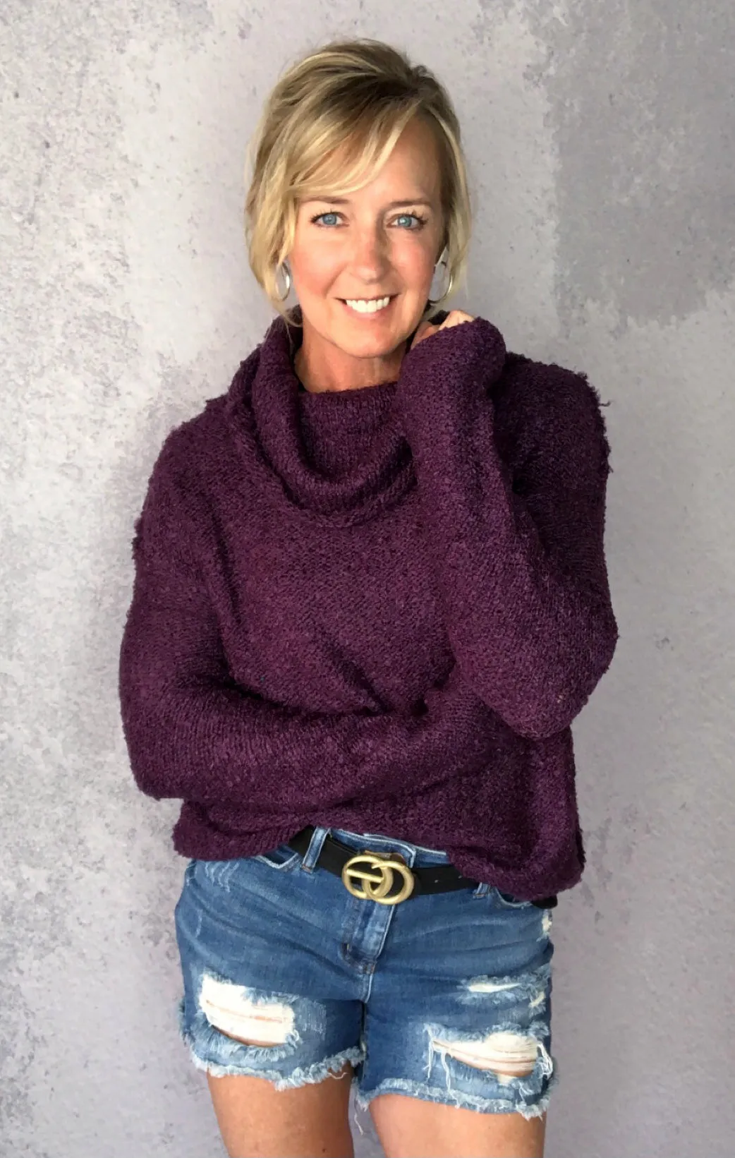 Fuzzy Grape Knit Turtleneck Sweater