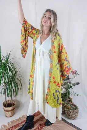 Gemini Kimono - Chartreuse & Silver Mandala - Vintage Indian Sari - Size M/L