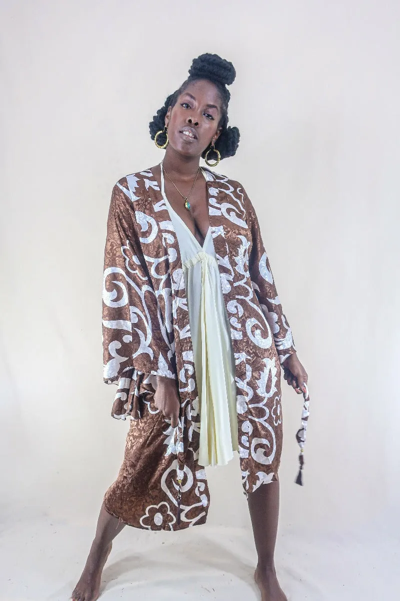 Gemini Kimono - Diamond White & Chocolate Brown Shimmer - Vintage Indian Sari - Size XL