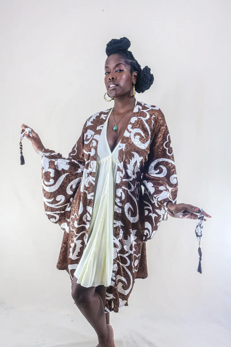 Gemini Kimono - Diamond White & Chocolate Brown Shimmer - Vintage Indian Sari - Size XL