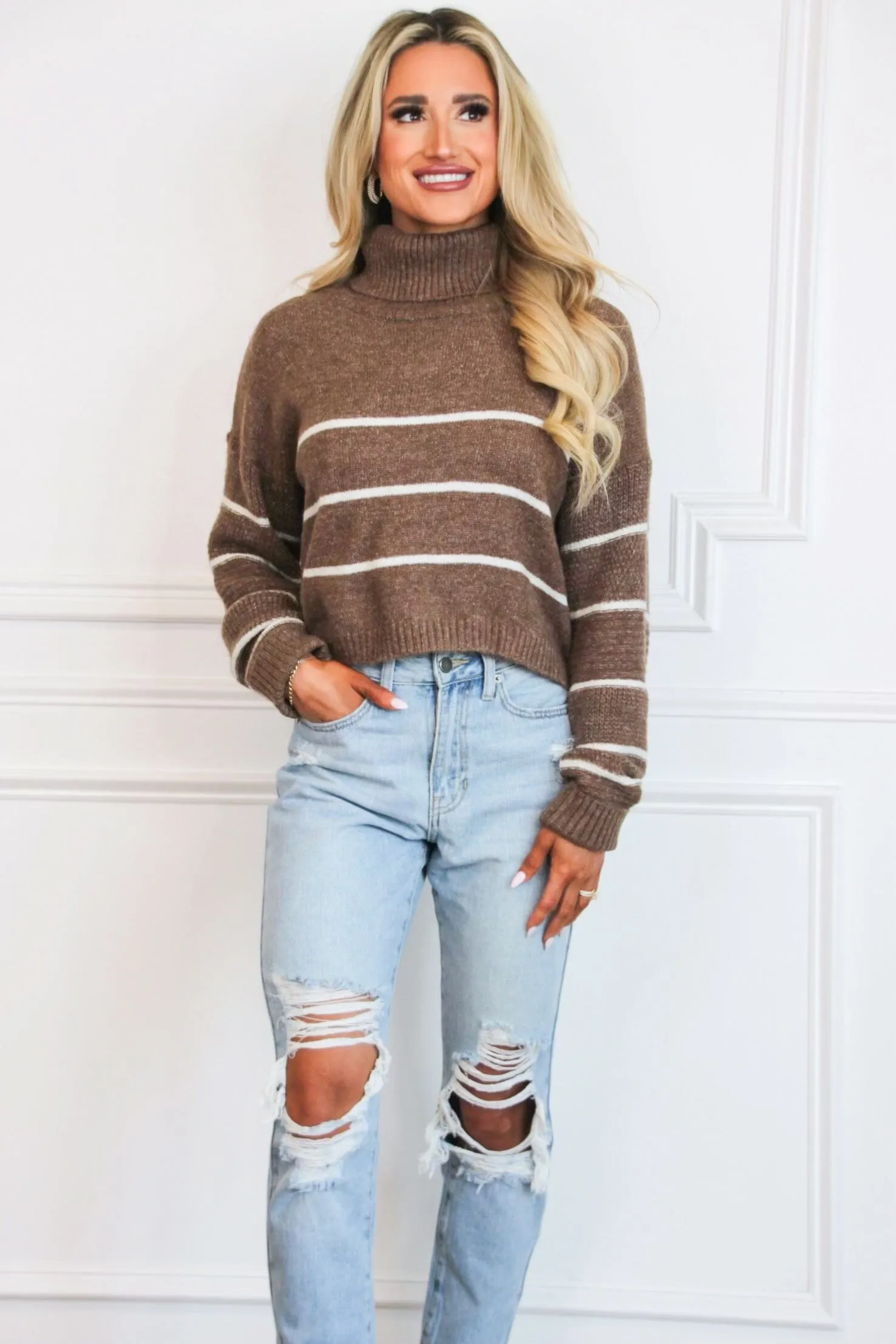 Get in Line Turtleneck Sweater: Brown/Ivory