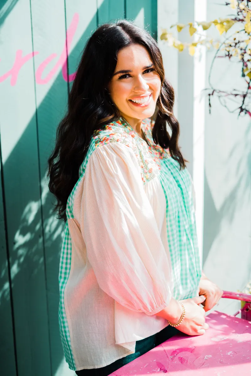 Gingham & Floral Embroidered Top