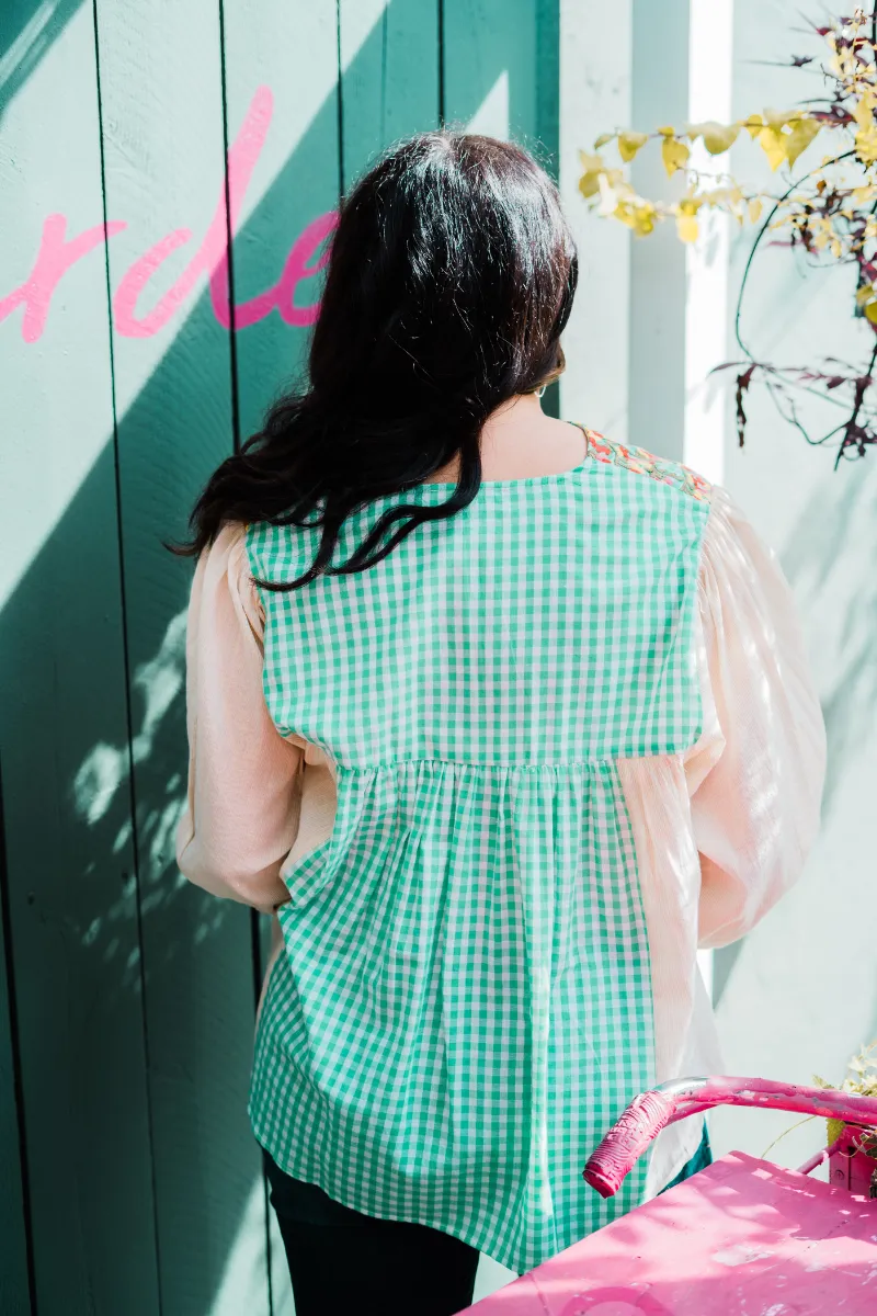 Gingham & Floral Embroidered Top