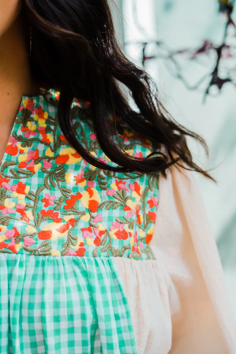 Gingham & Floral Embroidered Top