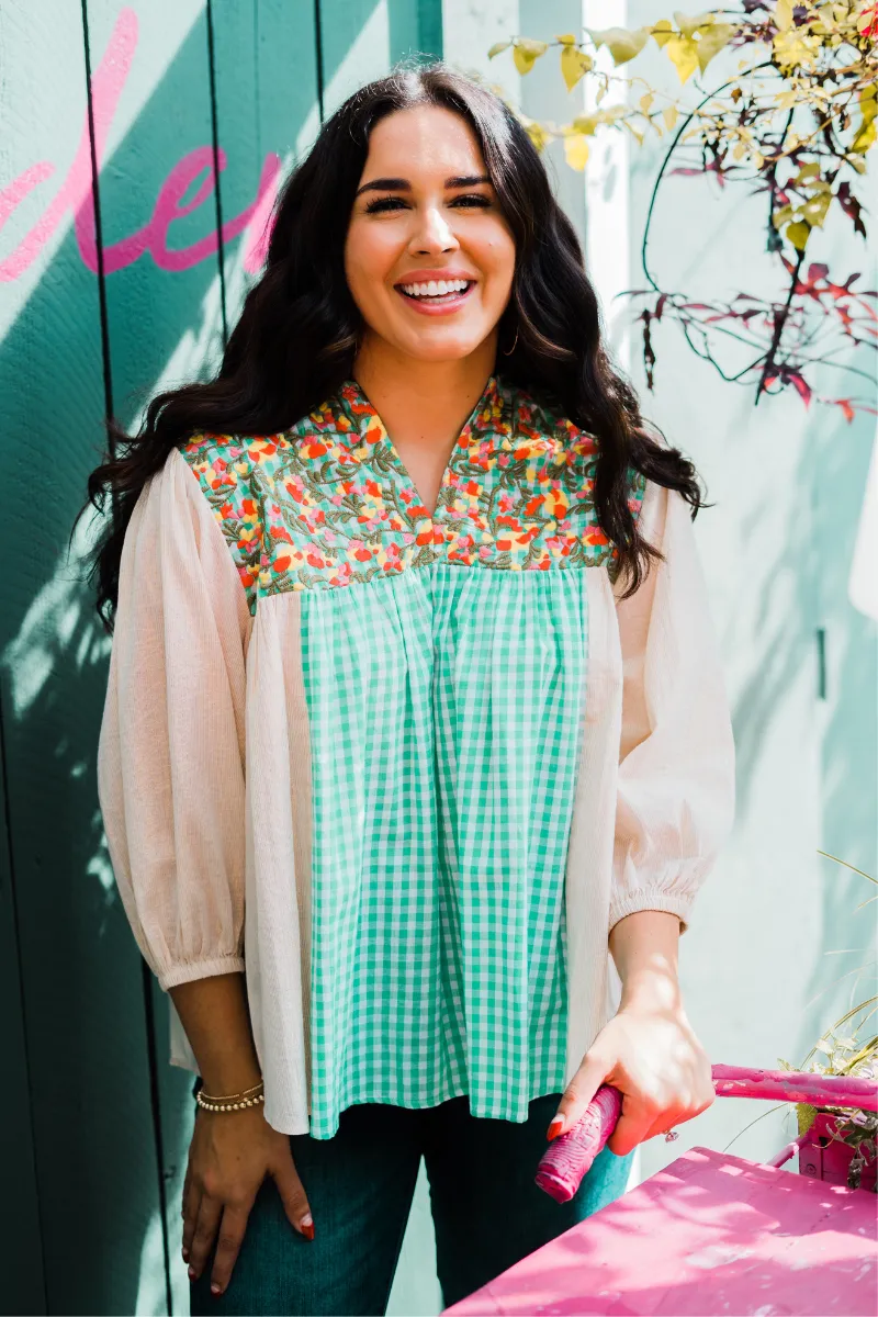 Gingham & Floral Embroidered Top