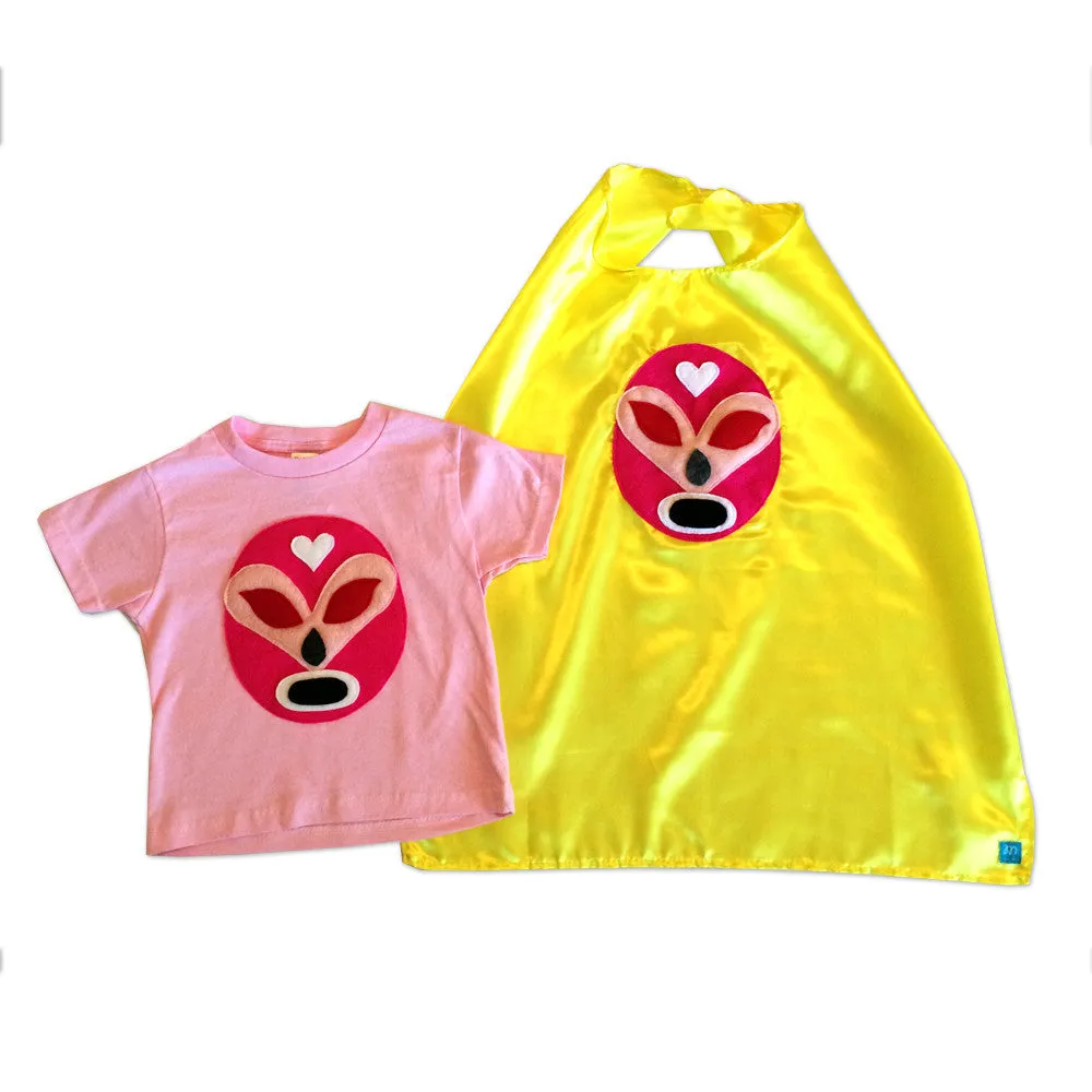 Girl Kid's Shirt- Luchador Rosa - Pink Mexican Wrestler Toddler T-Shirt & Yellow Cape Combo