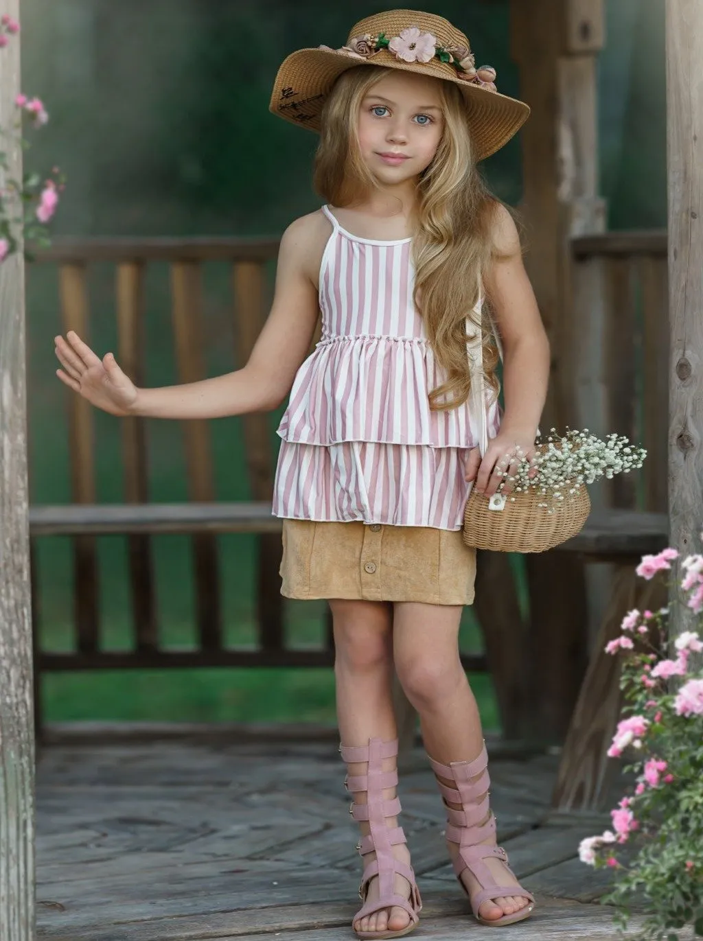 Girls Blossoming Beauty Striped Tunic and Button Skirt Set