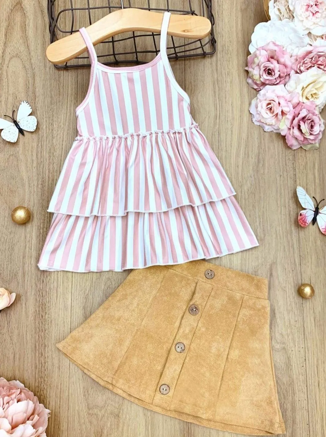 Girls Blossoming Beauty Striped Tunic and Button Skirt Set