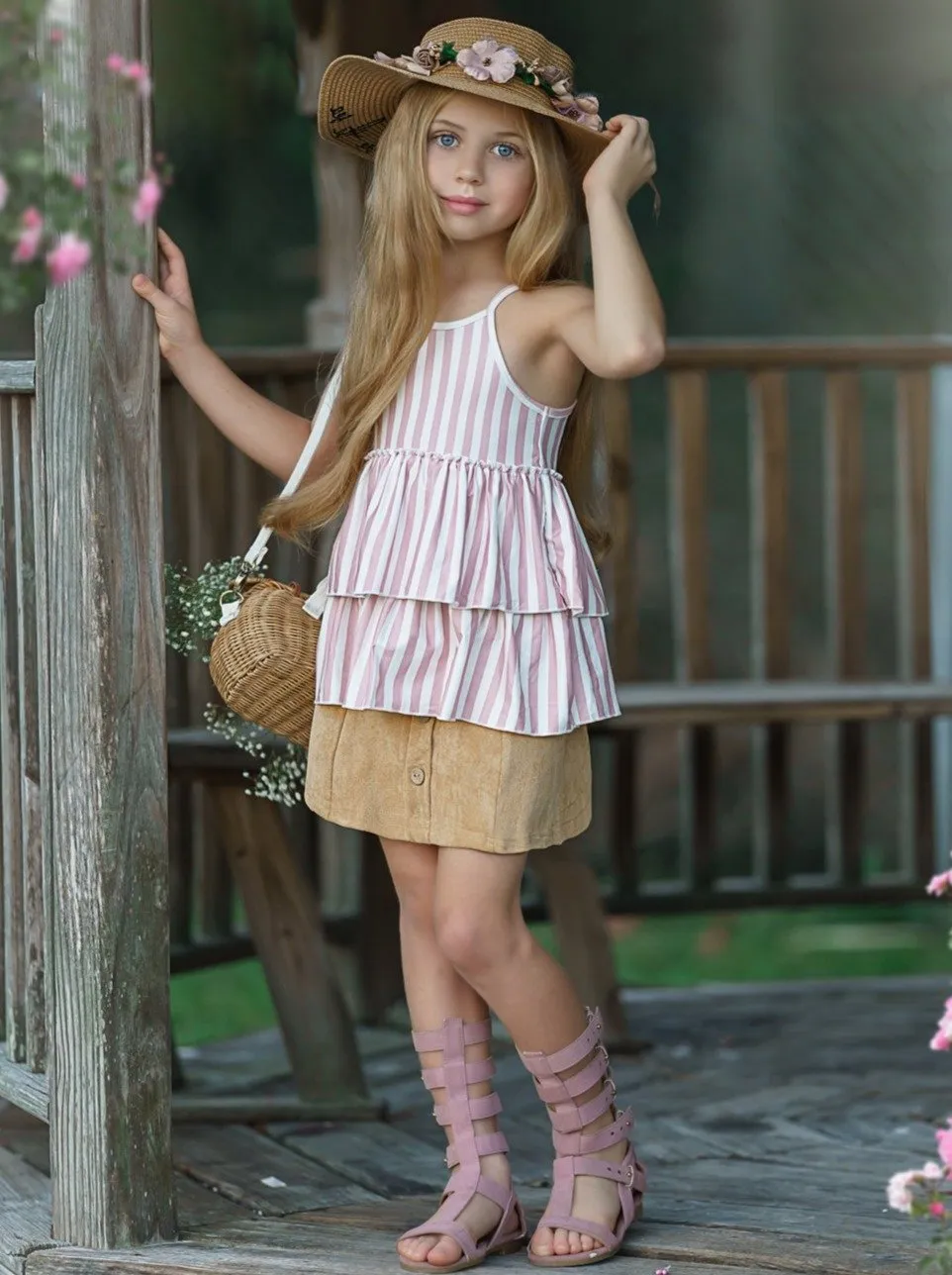 Girls Blossoming Beauty Striped Tunic and Button Skirt Set