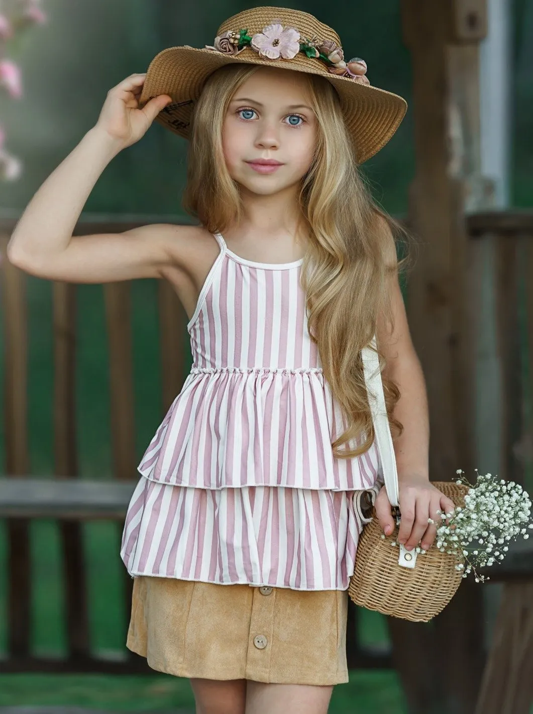 Girls Blossoming Beauty Striped Tunic and Button Skirt Set