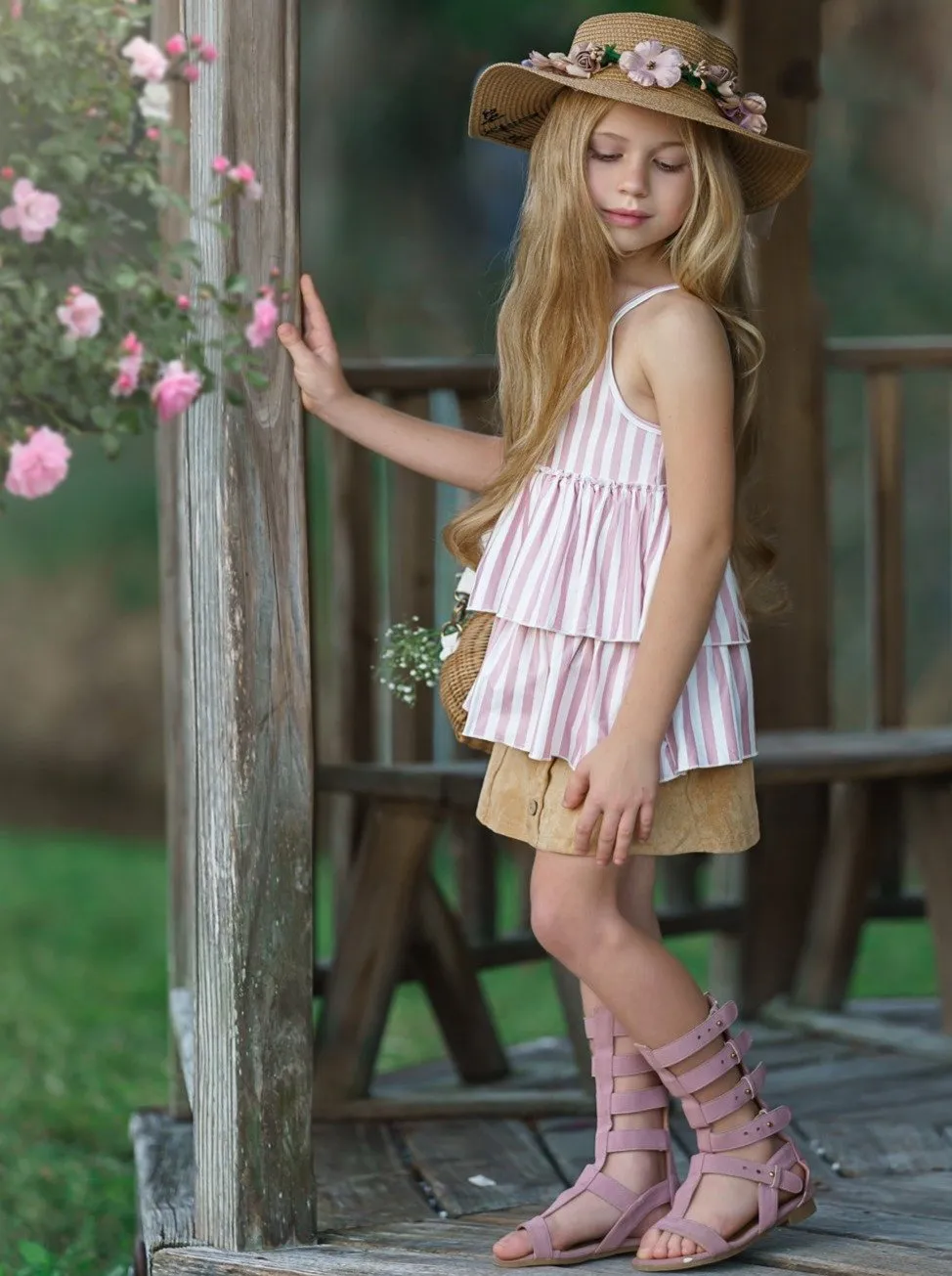 Girls Blossoming Beauty Striped Tunic and Button Skirt Set