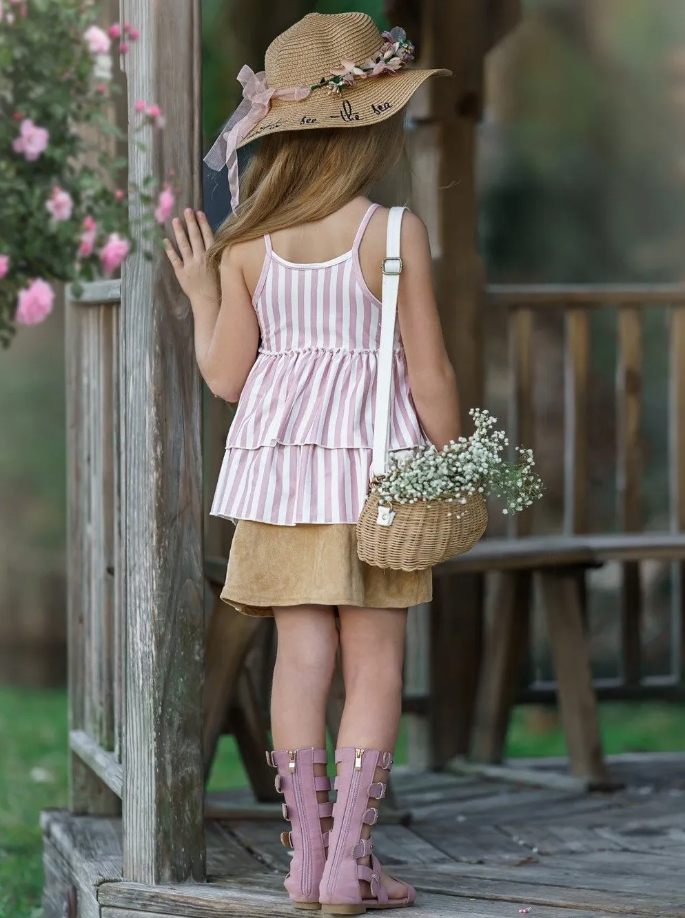 Girls Blossoming Beauty Striped Tunic and Button Skirt Set