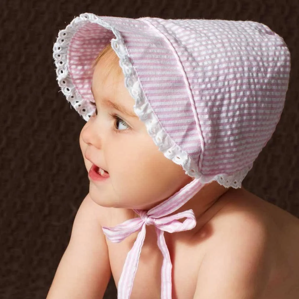 Girls Pink UPF 25  Seersucker Bonnet for Infants & Toddlers