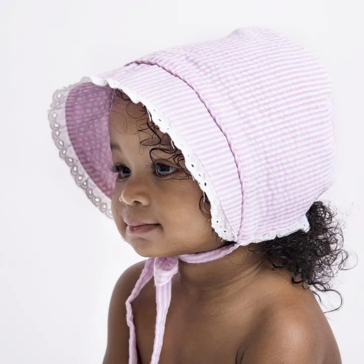 Girls Pink UPF 25  Seersucker Bonnet for Infants & Toddlers