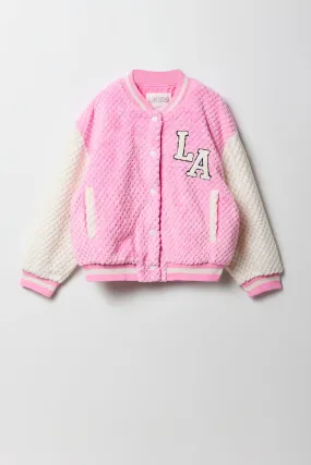 Girls Quilted Plush Chenille Embroidered Varsity Jacket