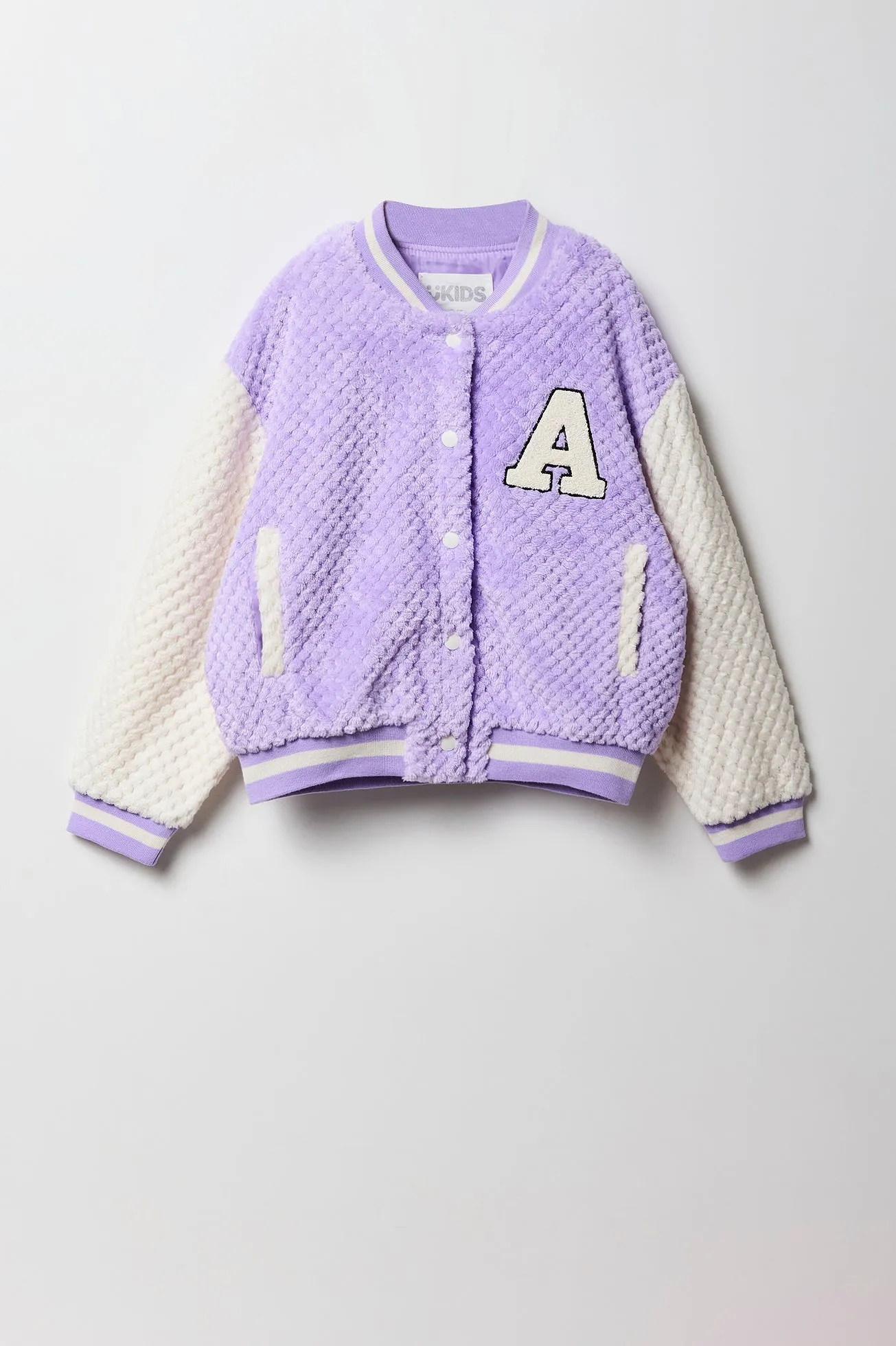 Girls Quilted Plush Chenille Embroidered Varsity Jacket