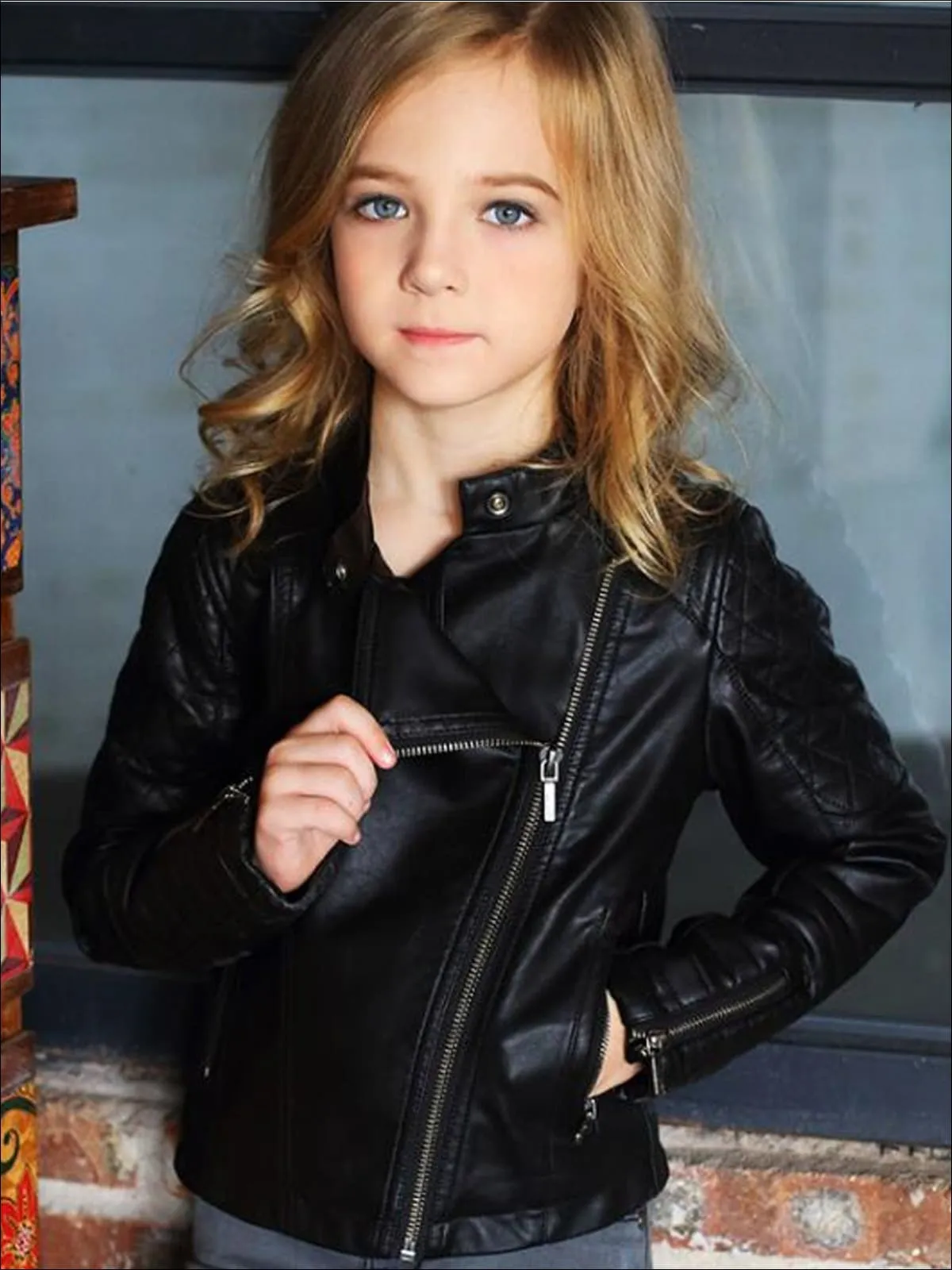 Girls Quilted Sleeve Synthetic Leather Moto Jacket