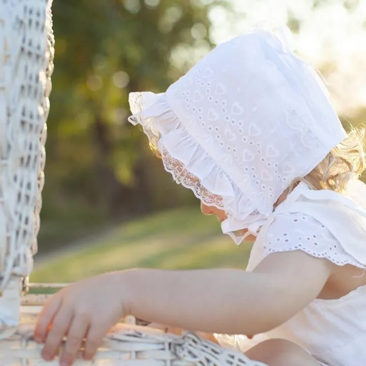 Girls White Heart Eyelet Baby Bonnet for Infants & Toddlers