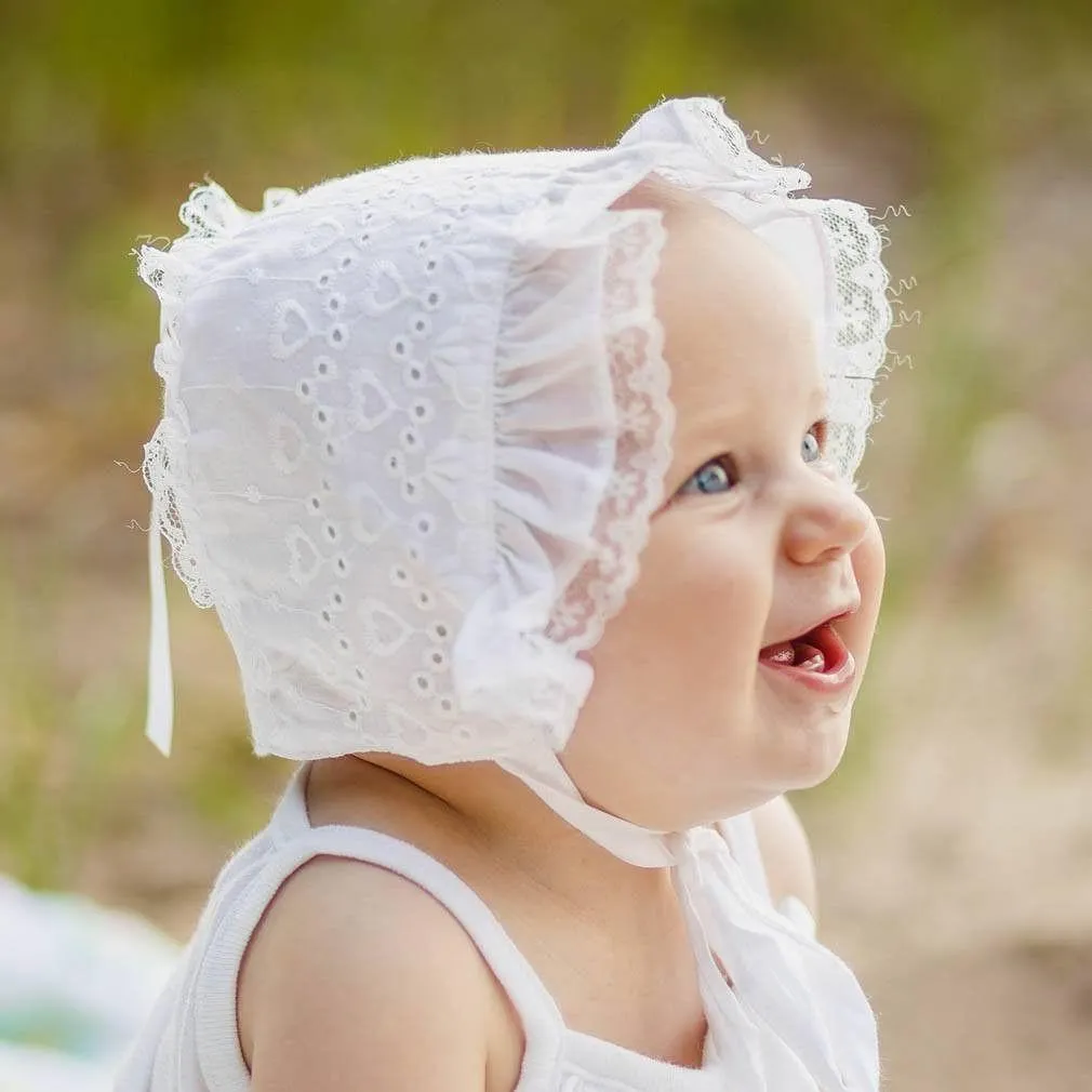 Girls White Heart Eyelet Baby Bonnet for Infants & Toddlers