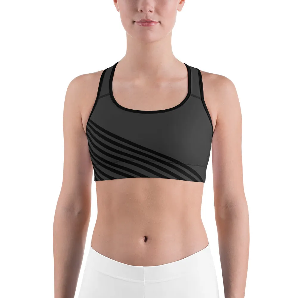 Gray Diagonal Striped Sports Bra, Women's Sports Workout Fitness Bra-Made in USA/EU