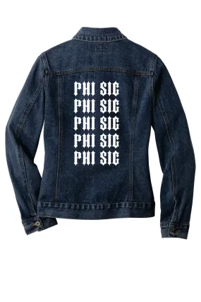 Greek Stonewashed Indigo Denim Jacket, Printed Stacked Organization Names - Port Authority J7620 - DTG