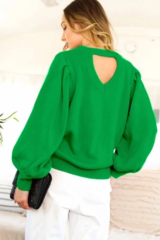 Green Long Sleeve With Pin Tuck Detail Cut Out Back Sweater Top