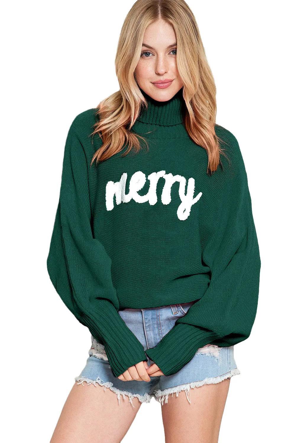 Green Turtle Neck Batwing Sleeve Merry Christmas Sweater