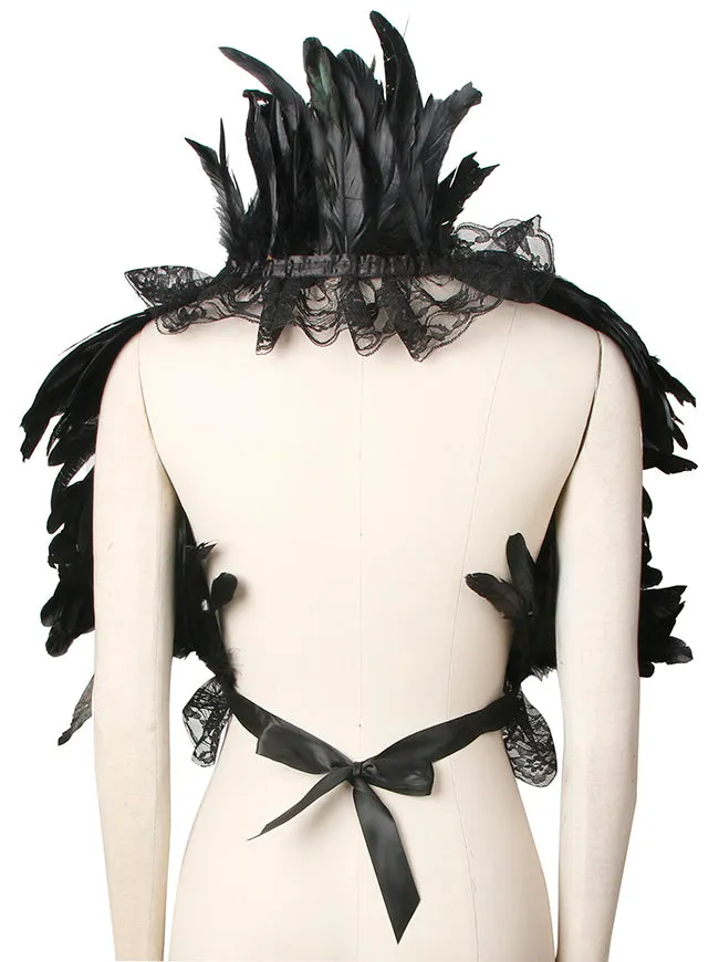 Halloween Shrug Gothic Natural Feather Shawl Cape Crow Costume Accessory with Necklace