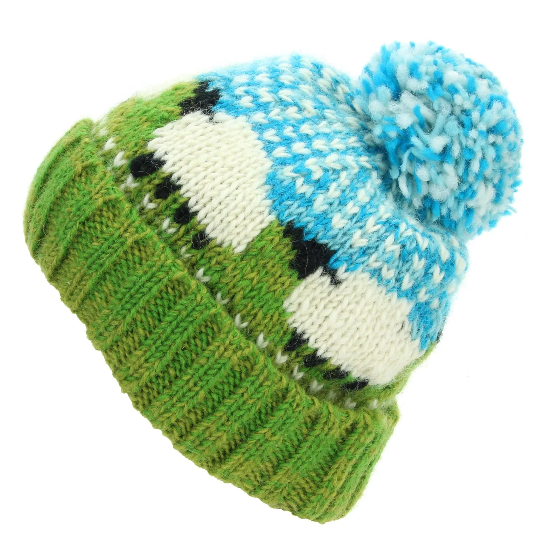 Hand Knitted Wool Beanie Bobble Hat - Sheep - Green Sky Blue