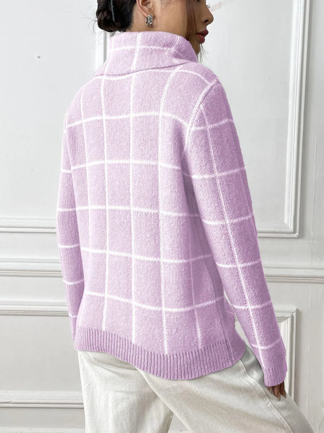 Heart Plaid Sweater Turtleneck Long Sleeve Casual Knitwear