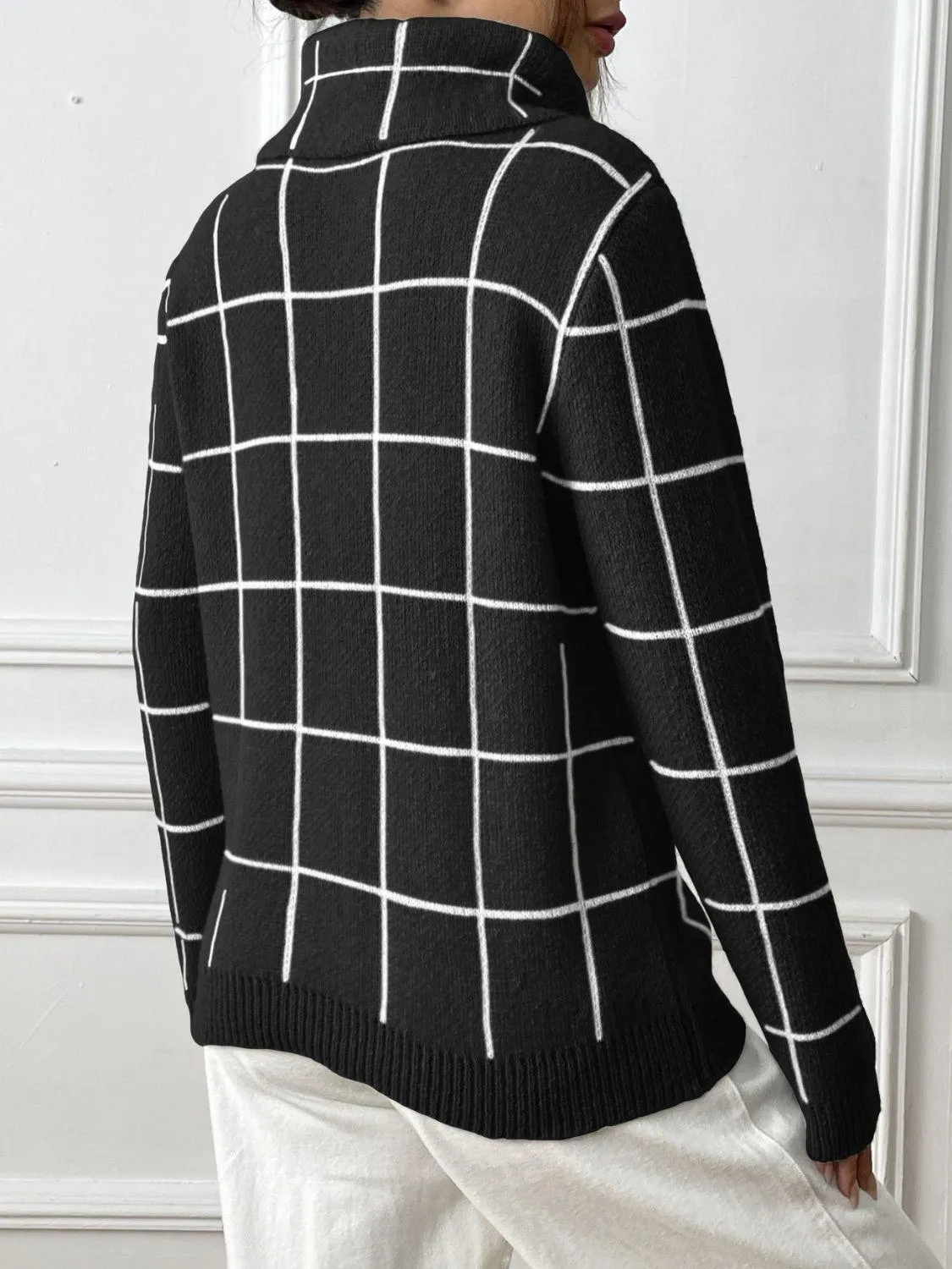 Heart Plaid Sweater Turtleneck Long Sleeve Casual Knitwear