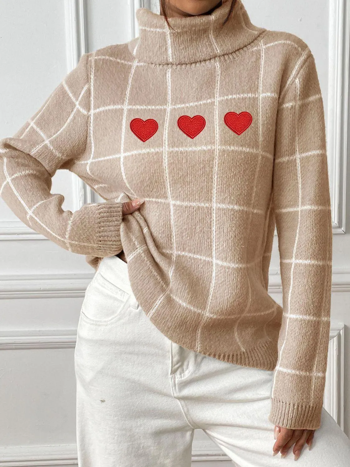 Heart Plaid Sweater Turtleneck Long Sleeve Casual Knitwear