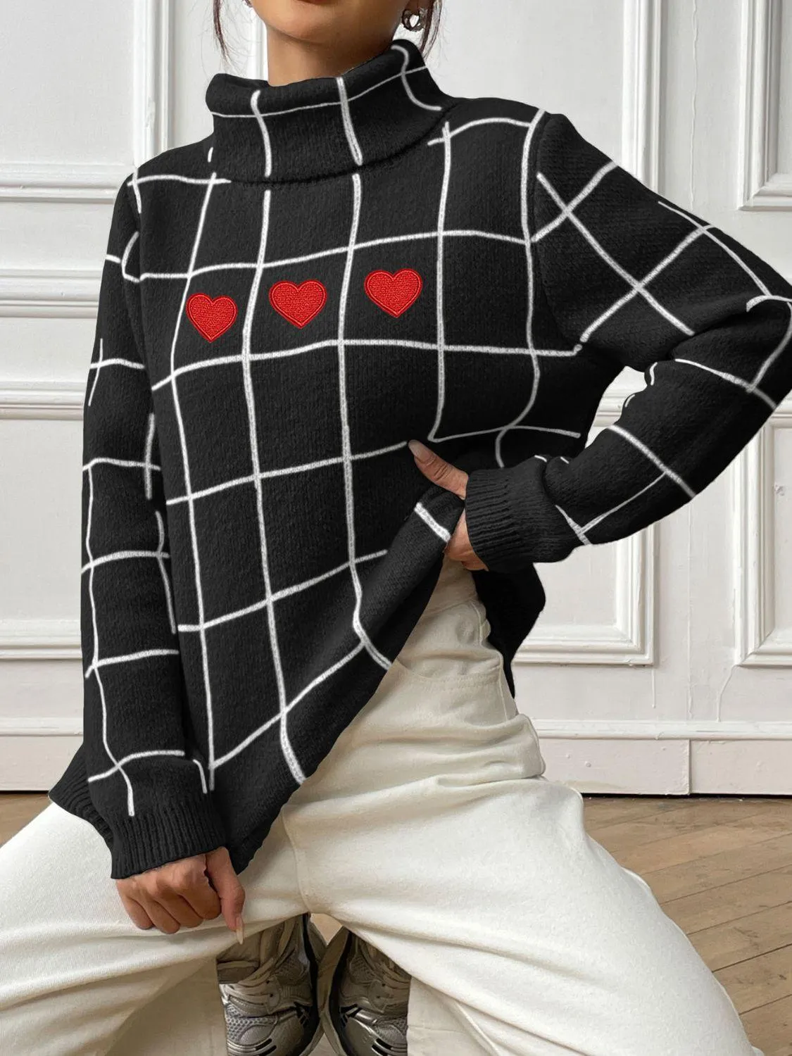 Heart Plaid Sweater Turtleneck Long Sleeve Casual Knitwear