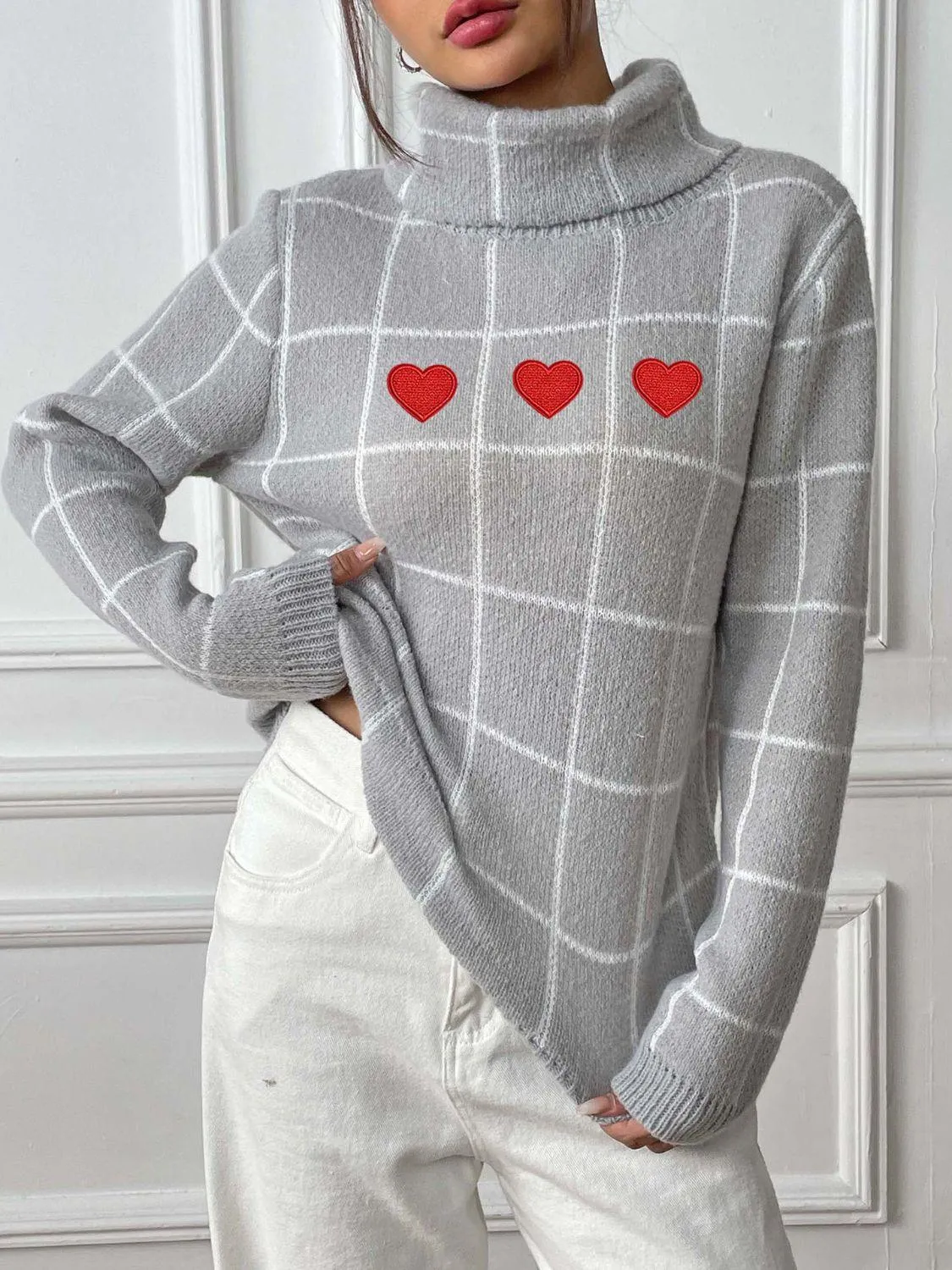 Heart Plaid Sweater Turtleneck Long Sleeve Casual Knitwear