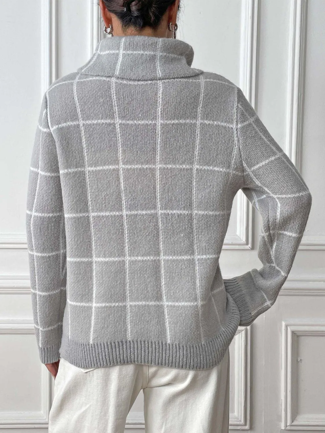 Heart Plaid Sweater Turtleneck Long Sleeve Casual Knitwear